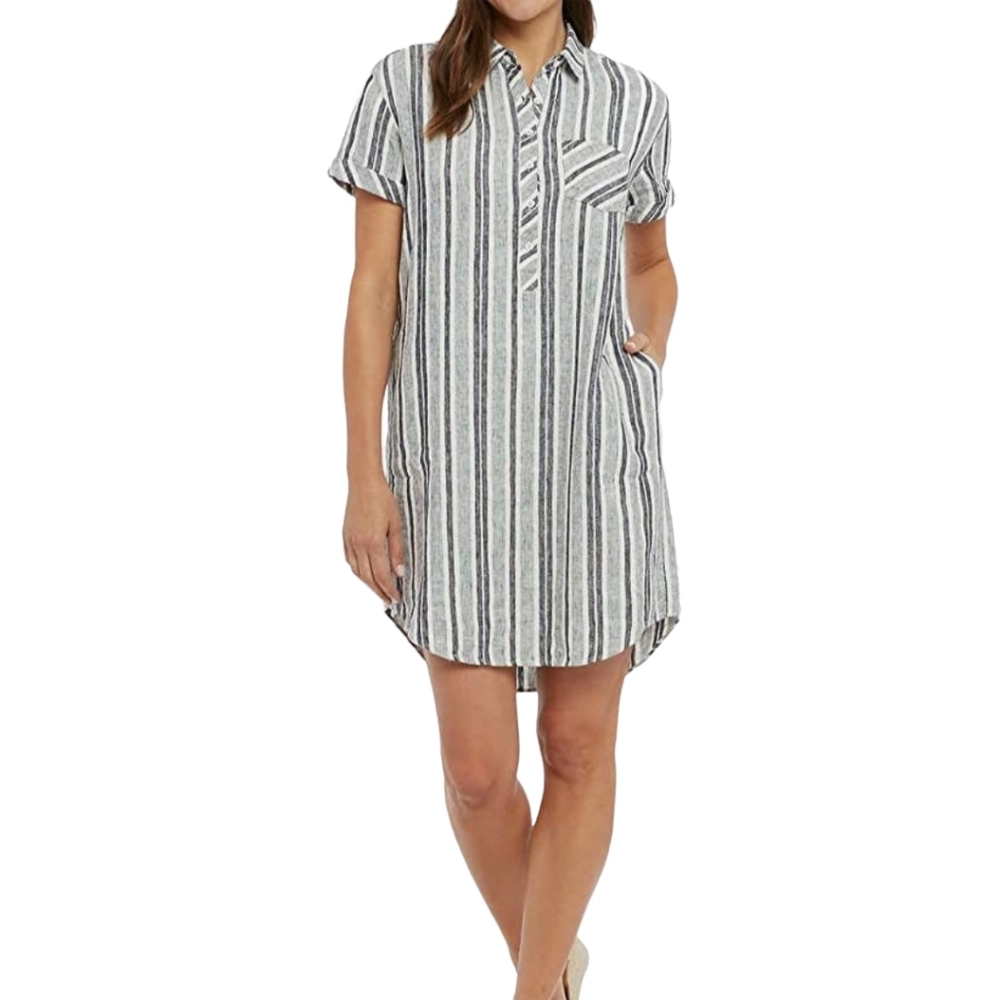 Adrienne Vittadini Tunic Dress Womens Gray XXL Linen Blend Button Up Striped